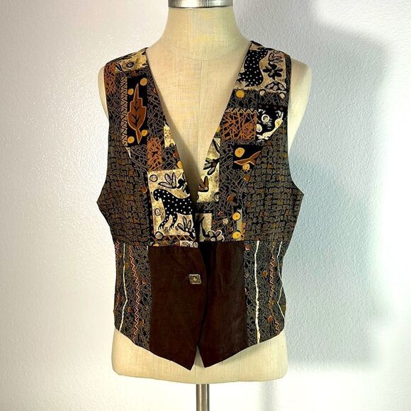 Casual Corner Jackets & Blazers - Casual Corner Vest Vintage Classic Boho Patchwork 1 Buttoned Sleeveless Brown M